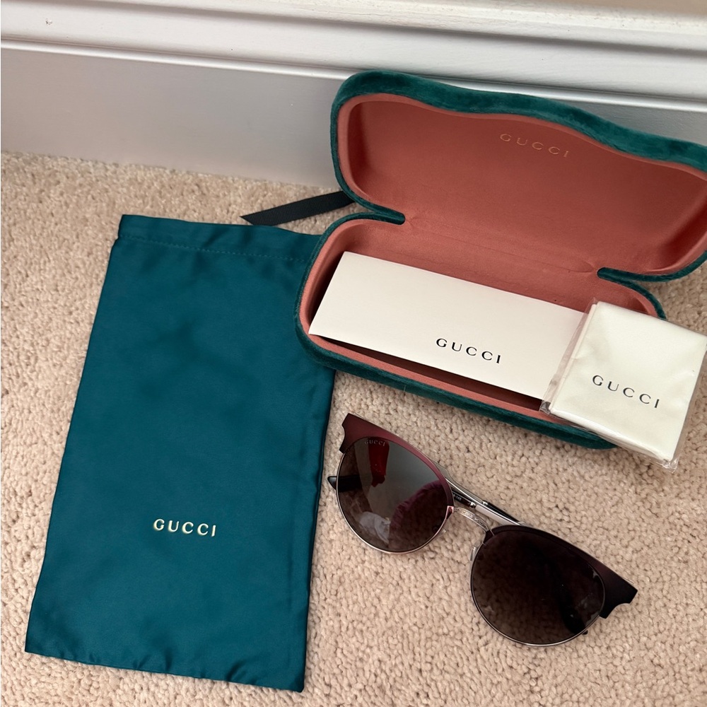 GUCCI 0075 GG0075S Silver Burgundy Metal Filigree Sunglasses Authentic 004